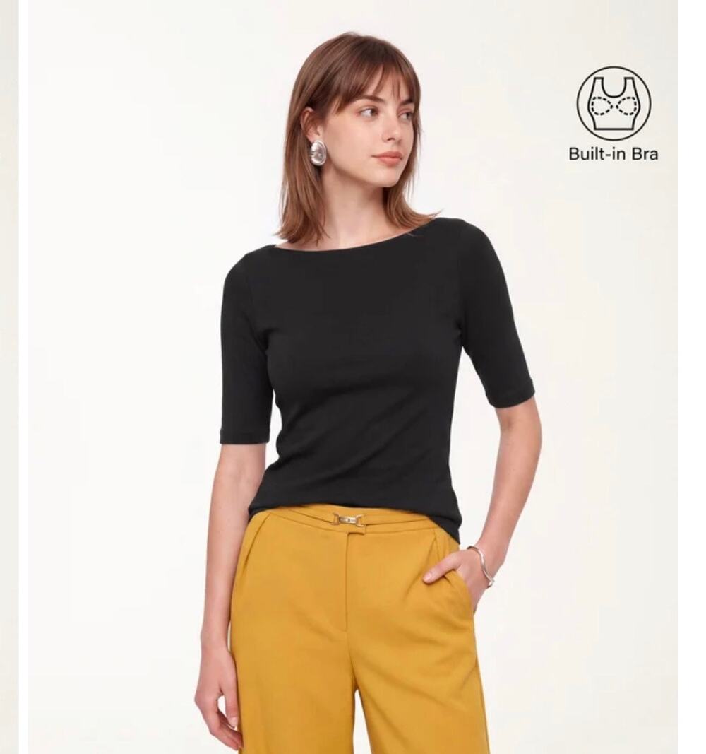 OGL Move Black Size S Short Sleeve Boatneck Built-in Bra Brami Top New